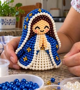 Cena ilustrativa de criação artesanal de presépio em pérolas em casa