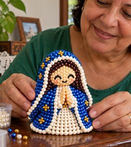 Cena ilustrativa de artesanato doméstico com presépio em pérolas